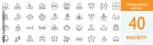 Bild auf Leinwand Set of 40 society and community line icons, including social group, teamwork, ch