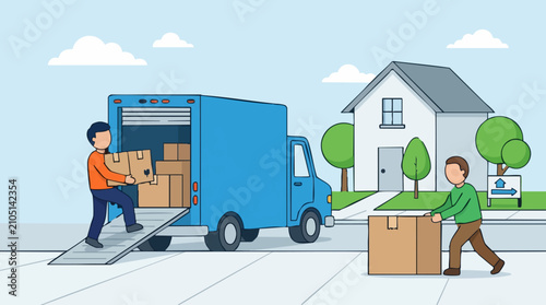 Canvastavla People moving house, loading boxes into a blue moving truck, relocation service