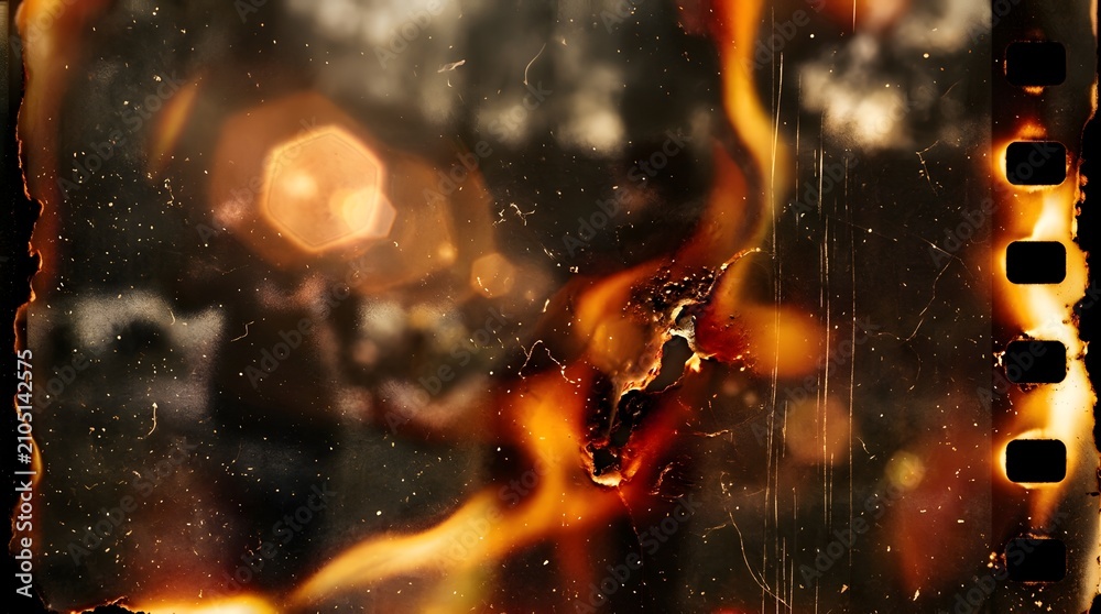 Obraz premium Golden film burn texture with warm light leaks, old camera lens flare, grunge dust, realistic scratches, abstract vintage photography overlay, ultra detailed, 8K