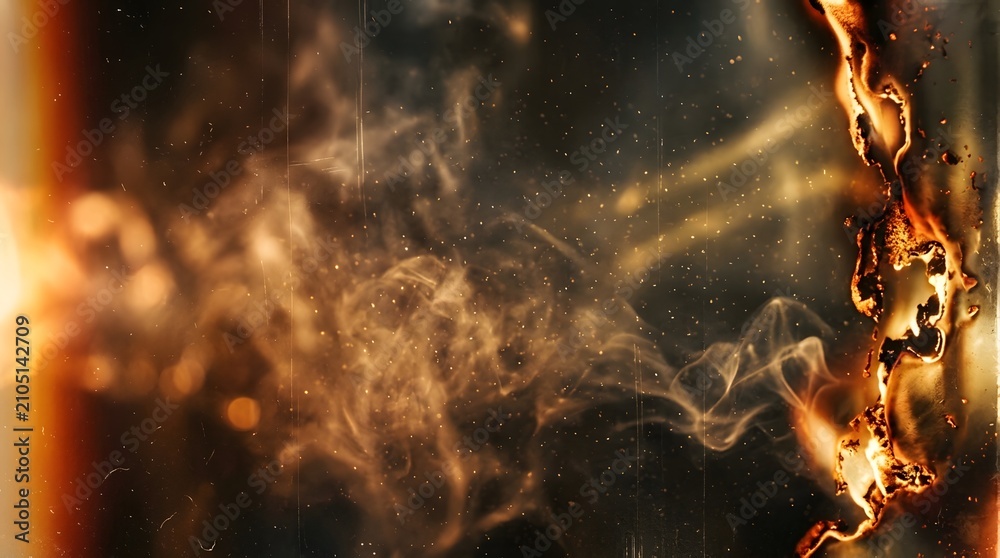 Obraz premium Premium cinematic abstract background, orange and golden light leak, realistic smoke, vintage film burn effect, floating dust, scratched analog film texture, soft bloom lighting, Adobe Stock tre