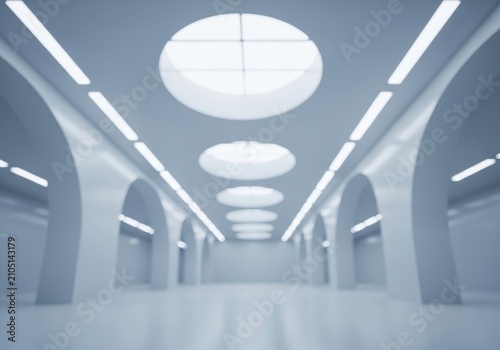 Modern architectural interior with arched hallways and circular lights