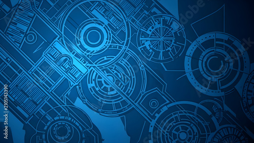 Futuristic Abstract Background Featuring Complex Circular Technological Circuit Patterns and Digital Blueprint Designs in Deep Blue Tones