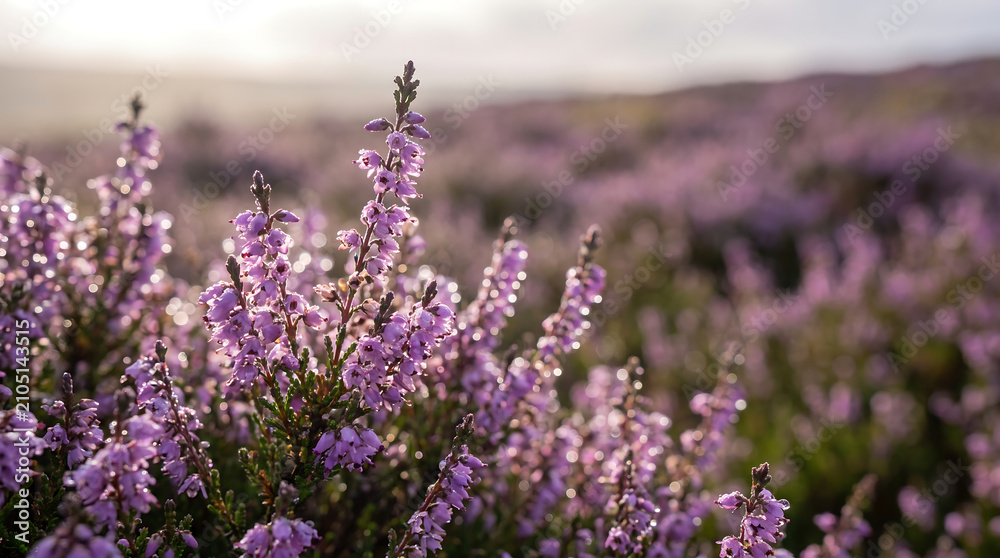 Fototapeta premium Beautiful blooming purple heather flowers in a wild moorland landscape during a soft golden sunset