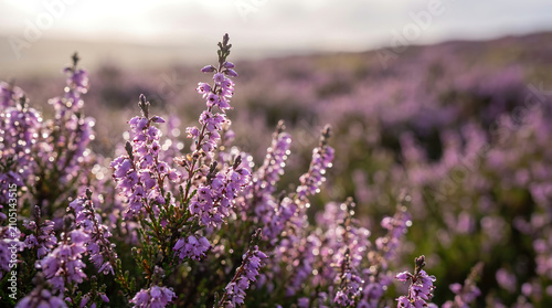 Beautiful blooming purple heather flowers in a wild moorland landscape during a soft golden sunset