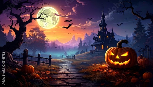Spooky Halloween Background with Glowing Jack O Lantern Pumpkins Flying Bats Full Moon Dark Forest Silhouettes and Haunted Trees on an Autumn October Night Vector Illustration