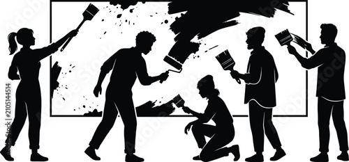 Diverse team painting wall together professional renovation service