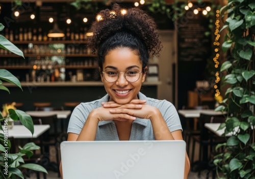 Smiling young woman with glasses working on a laptop in a cafe