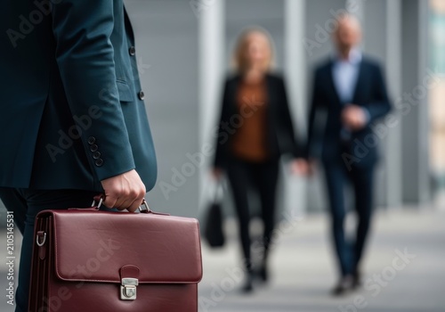 Businessman holding a leather briefcase in a modern office building
