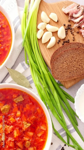 tomato soup with bread and herbs