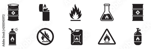 Flammable and fire hazard icon set. Fuel barrel, lighter, flame, chemical flask, aerosol spray, canister and gas cylinder symbols. Vector illustration.