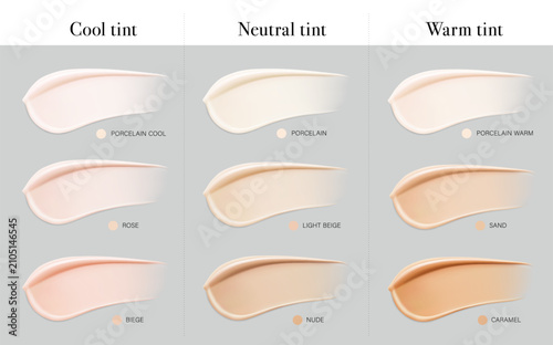 Samples of foundation smears for face mockup. 3D hight realistic vector illustration isolated on grey background. Scalable without lose quality. Ready layered template for your design. EPS10.