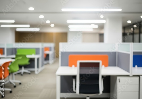 Modern office interior with cubicles and colorful chairs