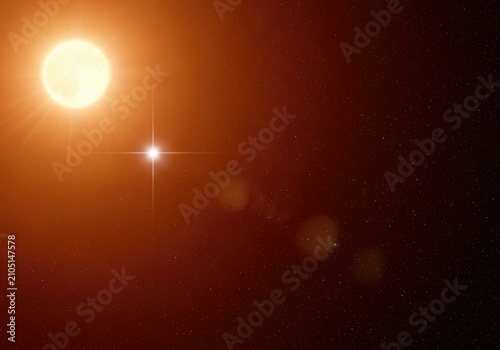 Bright star and sun in deep space