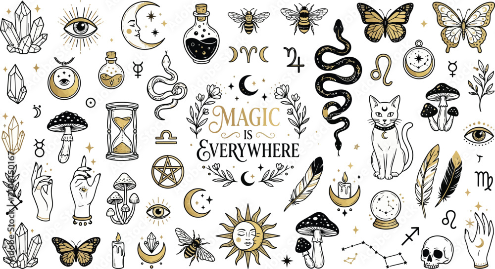 Obraz premium Magic and Witchcraft Doodle Elements Vector Mystical Clipart Collection