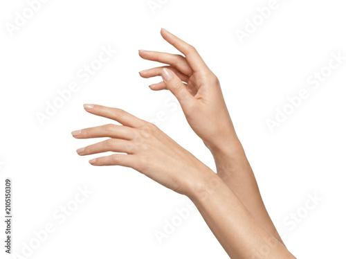 Elegant woman hands with delicate fingers reaching upward gently.