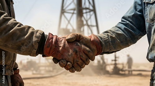 Oil workers shaking hands at rig. Industrial partners closing a deal on a drilling site.