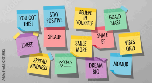 Colorful Sticky Notes with Motivational Phrases on Gray Board