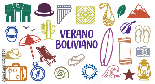 Schilderij op canvas Bolivian summer travel outline icons