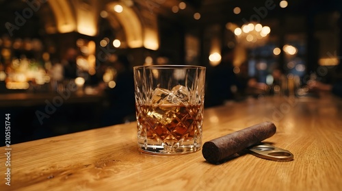 Glass of whiskey with cigar in elegant dimly lit bar interior