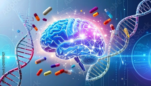 Brain and DNA glow with radiant clarity, radiating resilience, science, and innovation; a vivid emblem of genetics, pharmacology, and transformation within knowledge.
