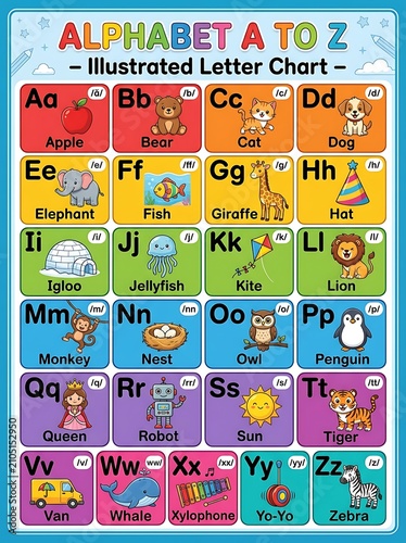 Colorful illustrated alphabet chart for early childhood education