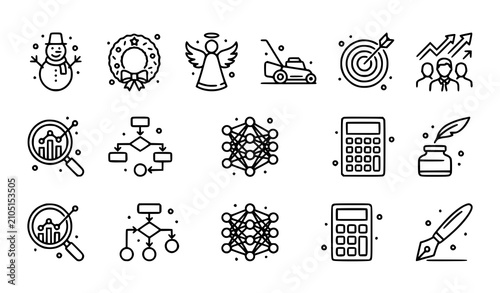 Canvastavla Thin Outline Dotted Vector Icon Set with Christmas Holiday AI Business Office an