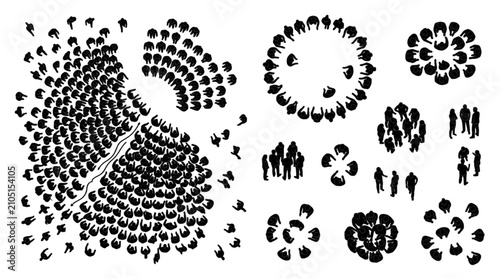 Aerial crowd silhouette set with stadium audience, circle group and cluster formation top view illustration