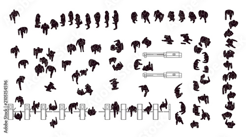 Top view people silhouette set with turnstile gate, walking crowd aerial site plan figure illustration