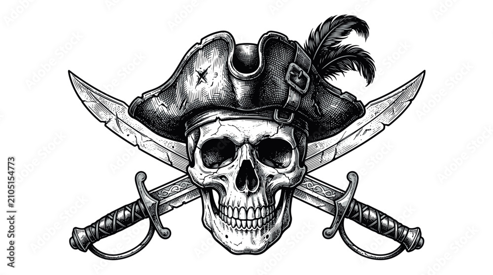 Fototapeta premium Detailed woodcut illustration of a pirate skull in a tricorn hat with crossed cutlasses. Ideal for apparel and nautical branding.