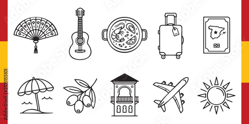 Premium Spain Travel Icon Collection Vector with Flamenco Fan Guitar Paella Passport Olive Branch Landmark Airplane Sun and Suitcase