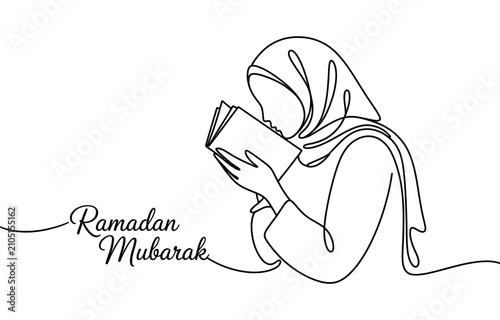 Obraz na płótnie Continuous one line drawing of a muslim woman wearing a hijab reading a holy boo