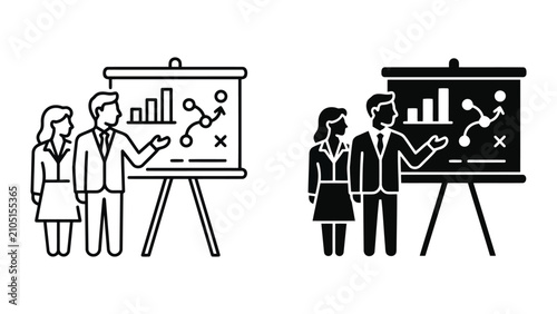 Business presentation and strategic planning meeting icon set with presentation