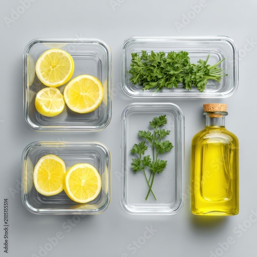 Lemons, Parsley, and Oil in Containers on a Light Background Featuring Container, Glass, Fresh with Ingredients and Kitchen