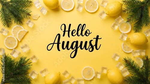 Hello August greeting with lemons and ice on yellow background
