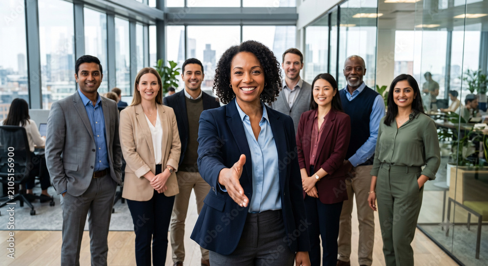 Obraz premium A diverse team of business professionals in a modern office, led by a smiling woman extending a handshake toward the viewer. 