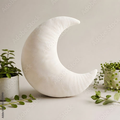 Crescent moon shaped decorative cushion with houseplants