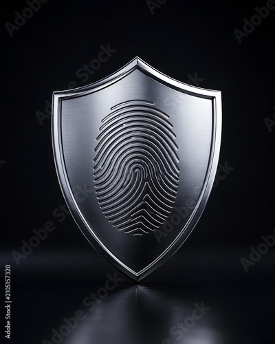 Metallic shield with fingerprint symbol for biometric security