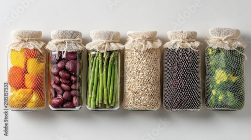 Glass Jars of Fresh Vegetables and Fruits with Fabric Mesh Covers for Eco-Friendly Storage Concept Featuring Glassjar, Jar