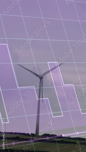 Vertical video: Wind pushing turbine blades turning across purple grid and white bars making power