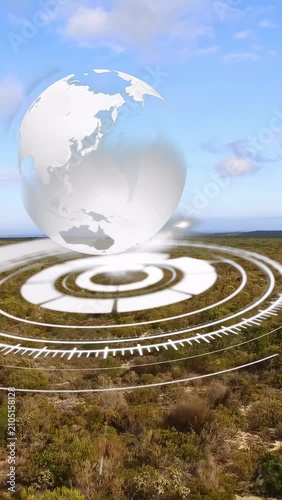 Vertical video: Rings pulsing on shrubs starting hologram, globe rising rotating showing continents