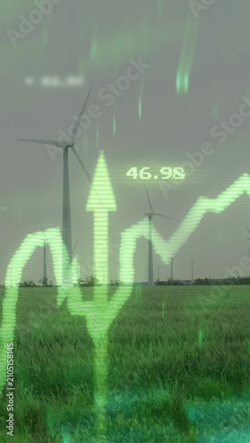 Vertical video: Neon waveform appearing wind turbines rotating graph sweeping monitoring power