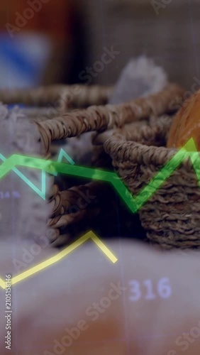 Vertical video: On start camera moving in, baskets with bread gaining line graphs showing trends