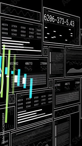 Vertical video: Data feed arriving, data wall filling, bars rising, camera shifting showing metrics