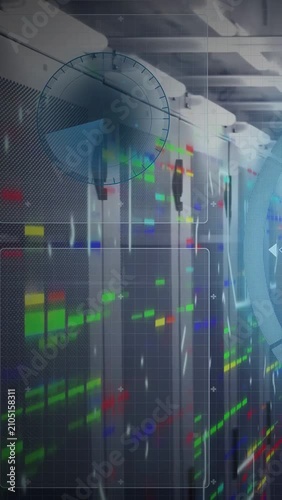 Vertical video: Server racks getting alert, showing code panel, gauge and streaming signals for ops