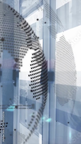 Vertical video: Start dotted globe entering rotating and scanning showing glass and figure for news