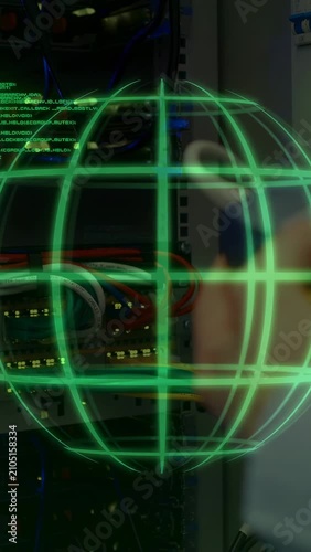 Vertical video: Tester nearing patch panel causing green globe while tech adjusting cables for test