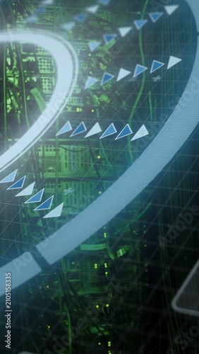 Vertical video: HUD starting scan, camera panning while arrow markers tracing arcs to monitor rack