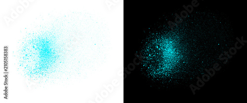 Cyan spray paint texture on white and black backgrounds, turquoise graffiti splatter effect, vibrant blue aerosol mist for urban street art design