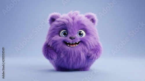 Adorable fluffy purple monster with big eyes on blue background