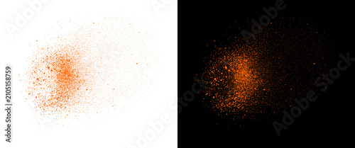 Orange powder explosion on white and black background, vibrant spice splash texture, colorful dust cloud burst for food and cosmetic design